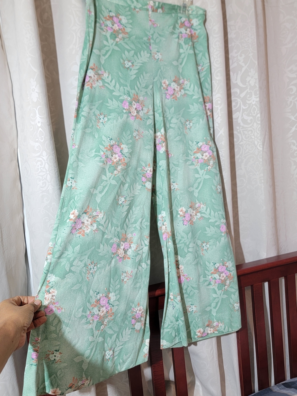 Vintage 70's Mint Green Floral Wide-Leg Pants